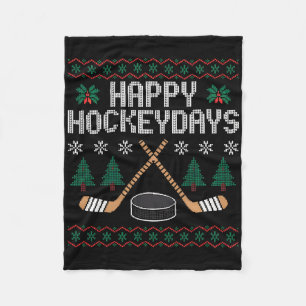 Happy Hockeydays Funny Ice Hockey Ugly Christmas  Fleece Blanket