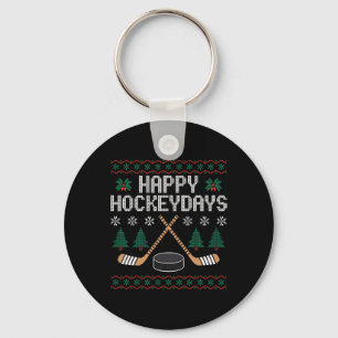 Happy Hockeydays Funny Ice Hockey Ugly Christmas Keychain