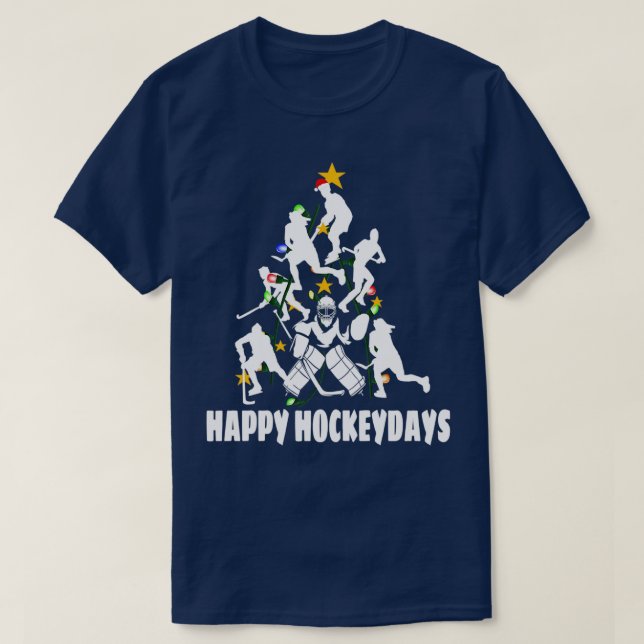 Happy Hockeydays Hockey Players Christmas Tree  T-Shirt (Design Front)