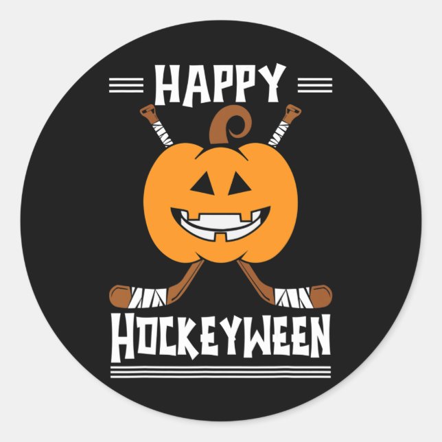 Happy Hockeyween Halloween Ice Hockey Player and H Classic Round Sticker (Front)