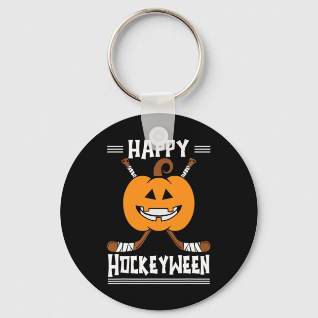 Happy Hockeyween Halloween Ice Hockey Player and H Keychain (Front)