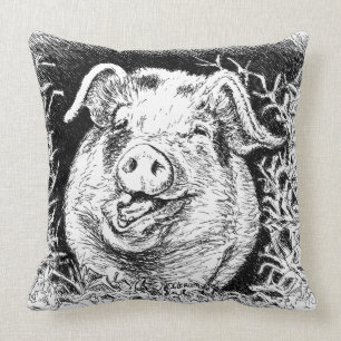 happy hog animal drawing throw pillow