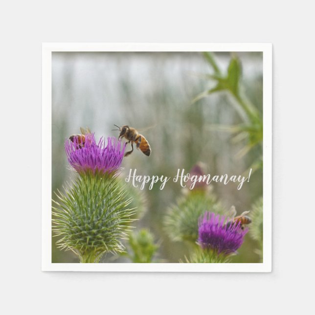 Happy Hogmanay Party Scottish Thistle Honey Bees Napkin (Front)