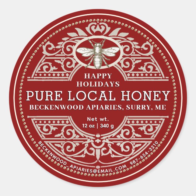 Happy Holiday APIARY Ornate Honey label Red (Front)