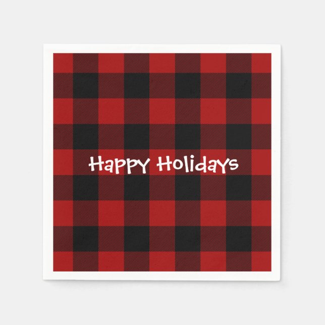 Happy Holiday black and red buffalo plaid Napkin (Front)