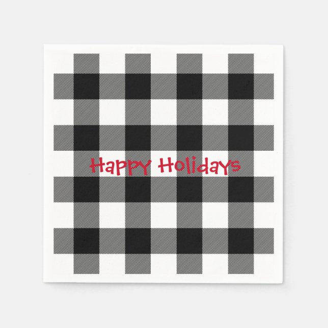 Happy Holiday black and white buffalo plaid Napkin (Front)