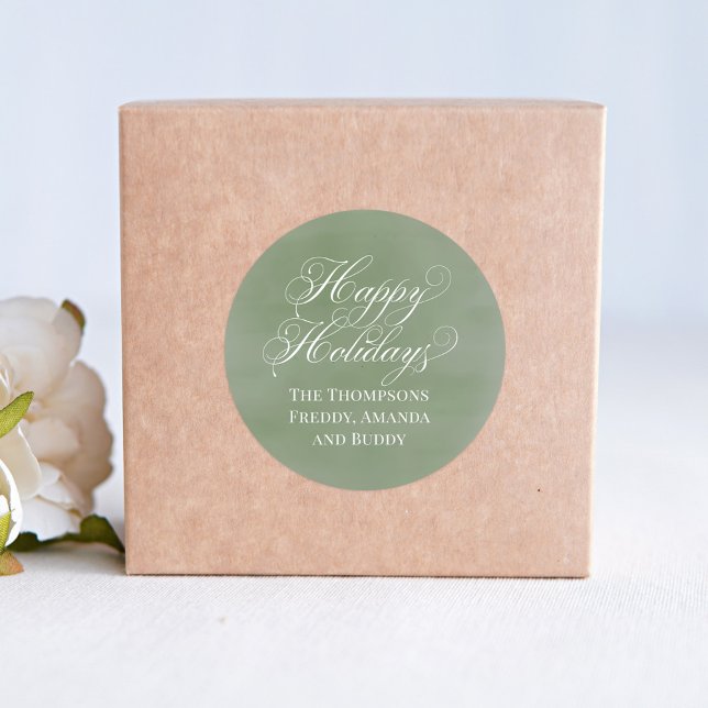 Happy Holiday Calligraphy Script Green Classic Round Sticker (Happy Holidays custom gift sticker with calligraphy script and green background. )