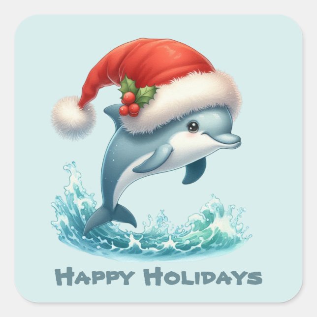 Happy Holiday Christmas dolphin add text Square Sticker (Front)