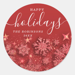 Happy Holiday Christmas Glitter Snow Red Classic Round Sticker