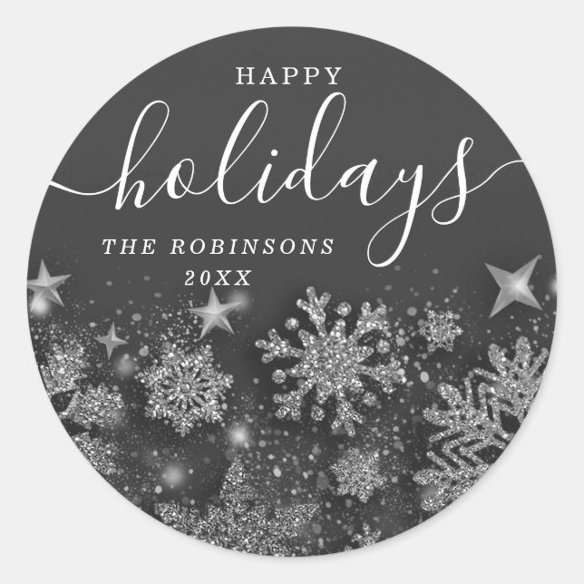 Happy Holiday Christmas Glitter Snow Silver Classic Round Sticker (Front)