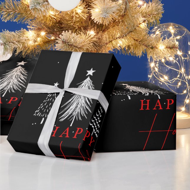 Happy Holiday Christmas Pine Tree | Black Wrapping Paper (Holidays)
