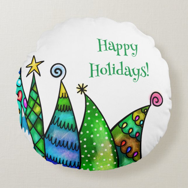 Happy Holiday Christmas Trees  Round Pillow (Front)