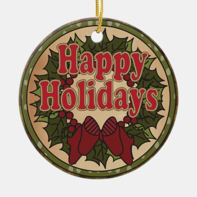 Happy Holiday Christmas Wreath Ceramic Ornament (Front)