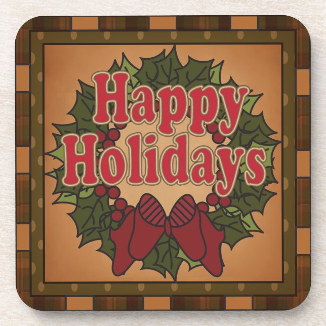 Happy Holiday Christmas Wreath Coasters (Front)