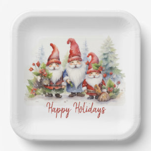 Happy Holiday Gnomes In Snowflakes Paper Plate