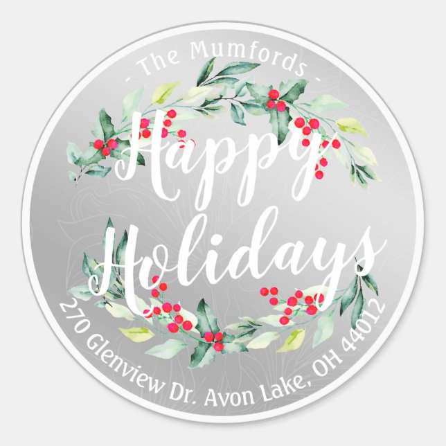 Happy Holiday Merry Christmas Holly Floral Address Classic Round Sticker (Front)