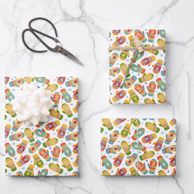 Happy Holiday Merry Christmas Warm Winter Mittens Wrapping Paper Sheet (Front)