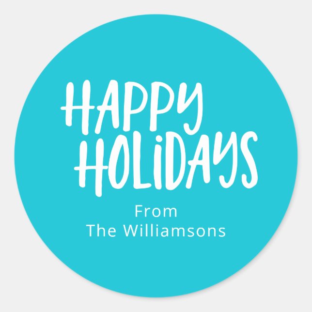 Happy Holiday | Modern Turquoise Personalized Name Classic Round Sticker (Front)