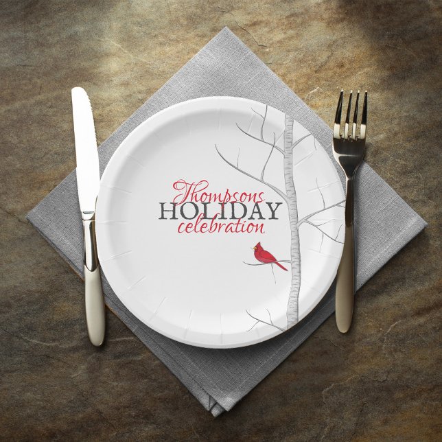 Happy Holiday Red Cardinal Personalized Paper Plate (Red cardinal custom Happy Holidays paper plate. )