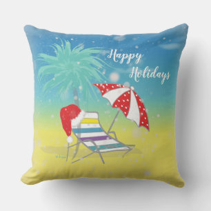 Happy Holiday Santa Hat Snow Flakes Beach Themed Throw Pillow