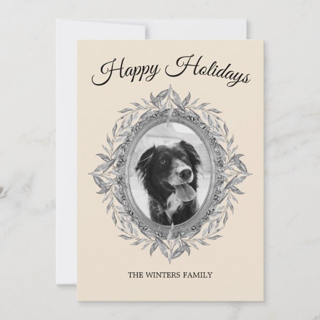 Happy Holiday Silver Grey Leaves Wreath Photo (Front)