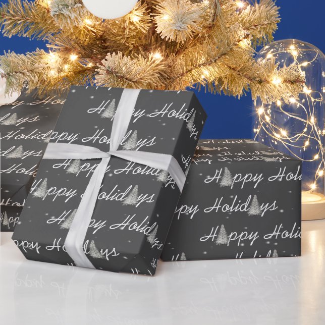 Happy Holiday Trees on Gray Wrapping Paper (Holidays)