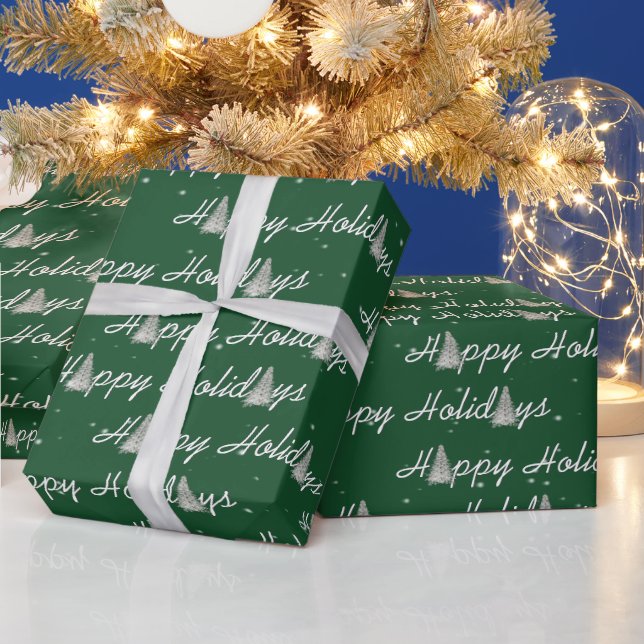 Happy Holiday Trees on Green Wrapping Paper (Holidays)