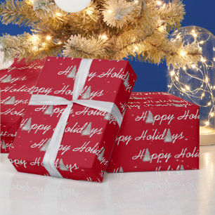 Happy Holiday Trees on Red Wrapping Paper