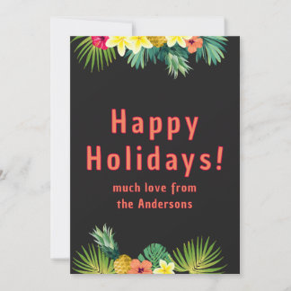Happy Holiday, Tropical flowers on black Holiday Card
