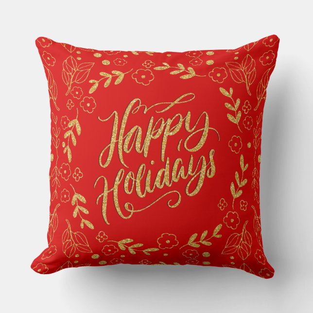 Happy Holiday Typography Gold Glitter Leafs Frame Throw Pillow (Front)