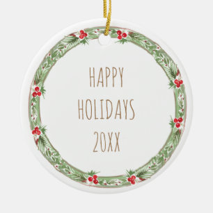 Happy Holidays 20XX Family Name Wreath Berries Ceramic Ornament