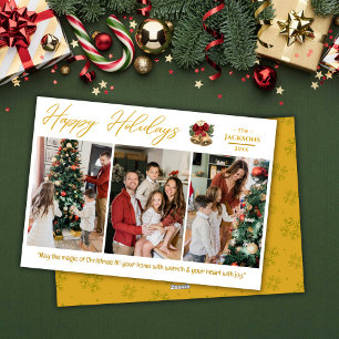 Happy holidays 3-photo collage modern gold festive holiday card