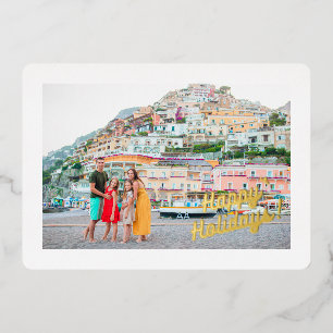 Happy Holidays 4 Photo Family Vacation Gold Foil Holiday Card