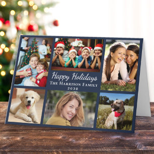 Happy Holidays 6 Photo Collage Blue Christmas Holiday Card