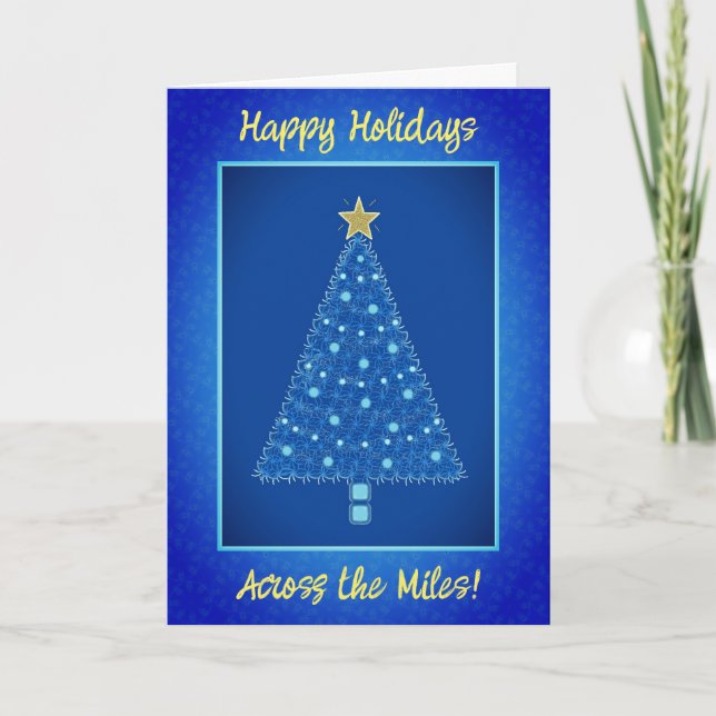 Happy Holidays Across The Miles Blue Tree Holiday Card (Front)