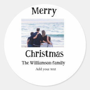 Happy holidays add family name photo Christmas Classic Round Sticker