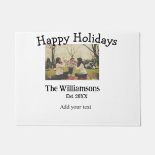 Happy holidays add family name photo date year sim doormat