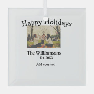 Happy holidays add family name photo date year sim glass ornament