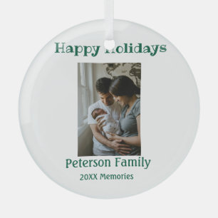 Happy holidays add family photo green Christmas fa Glass Ornament