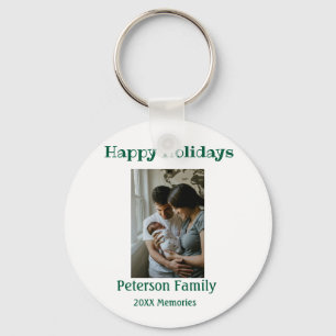 Happy holidays add family photo green Christmas fa Keychain