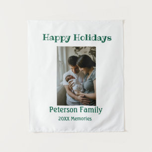 Happy holidays add family photo green Christmas fa Tapestry