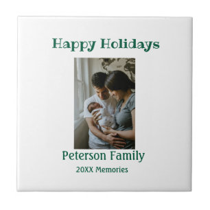 Happy holidays add family photo green Christmas fa Tile