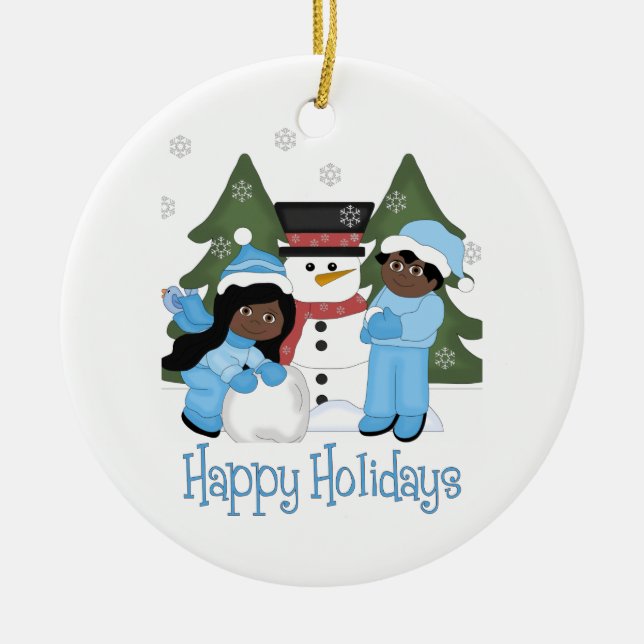 Happy Holidays African American Kids With Snowman Ceramic Ornament (Front)