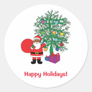 Happy Holidays African American Santa Claus Family Classic Round Sticker