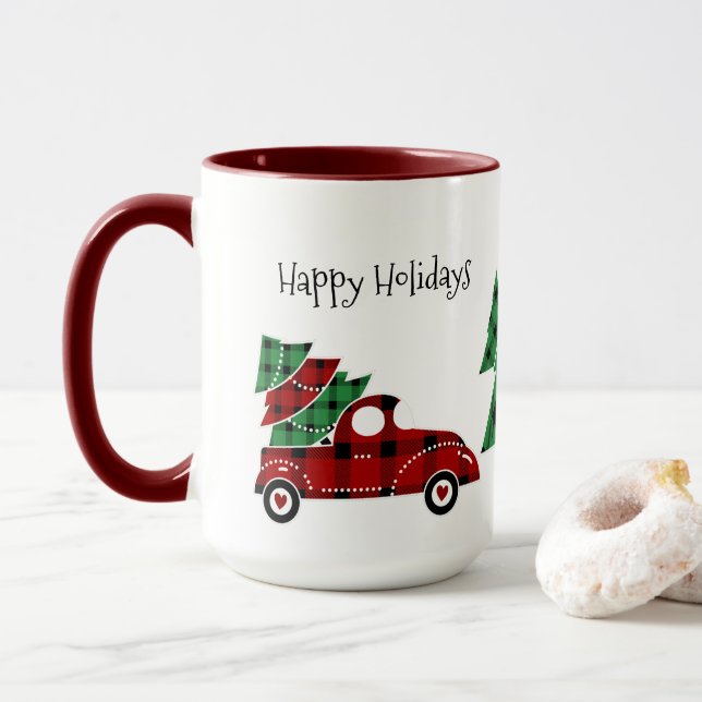 Happy Holidays Antique Red Truck Mug Red (With Donut)