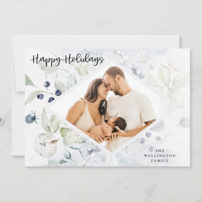 Happy Holidays Arctic Winter Botanical Photo Holiday Card (Front)