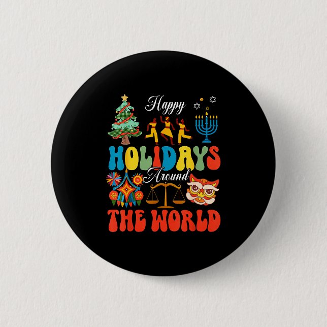 Happy Holidays Around World Christmas Hanukkah Diw 2 Inch Round Button (Front)