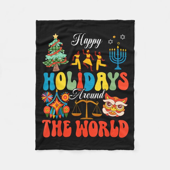 Happy Holidays Around World Christmas Hanukkah Diw Fleece Blanket (Front)