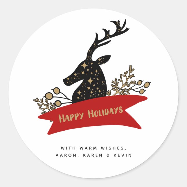 Happy Holidays Banner Holiday Reindeer Classic Round Sticker (Front)