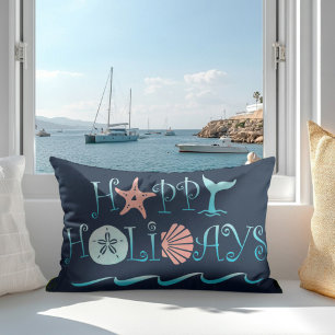 Happy Holidays Beach Decor Whale & Seashell Accent Pillow